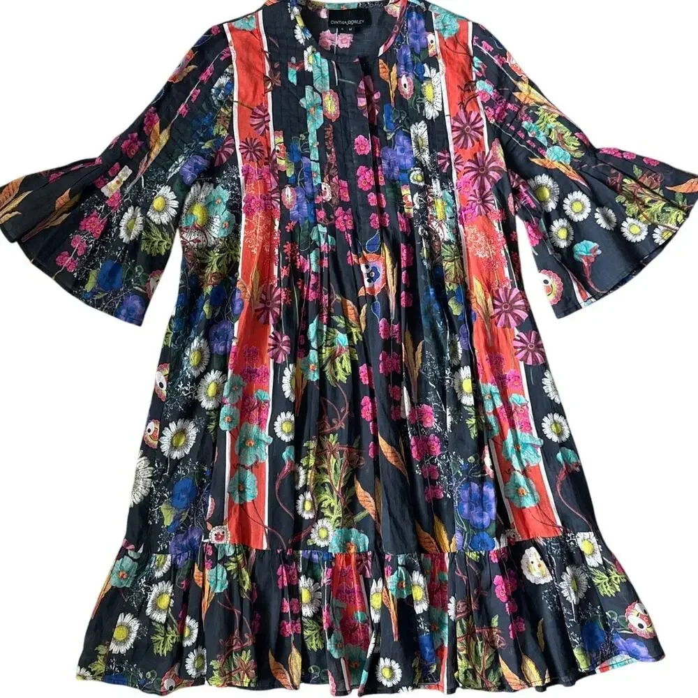 Cynthia Rowley Pleated Button Up Flutter Sleeve Dress Multi Size Medium Long - Picture 5 of 11